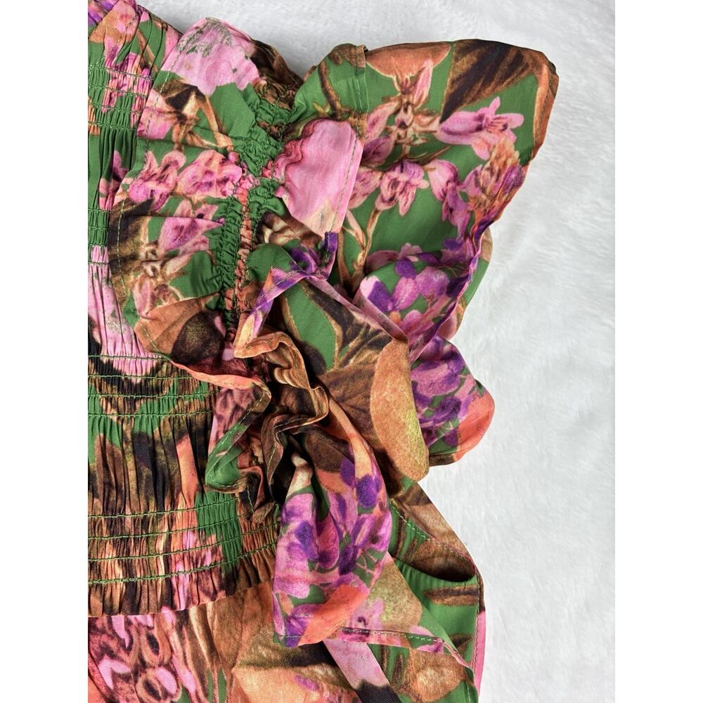 Rose + Olive Womens XS Green Pink Floral Smocked Ruffle Sleeve Blouse Romantic - Picture 4 of 10